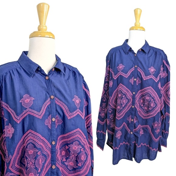 Anthropologie Embroidered Shirt Size Medium Or Large? Blue w/Pink Button Down - Picture 1 of 13